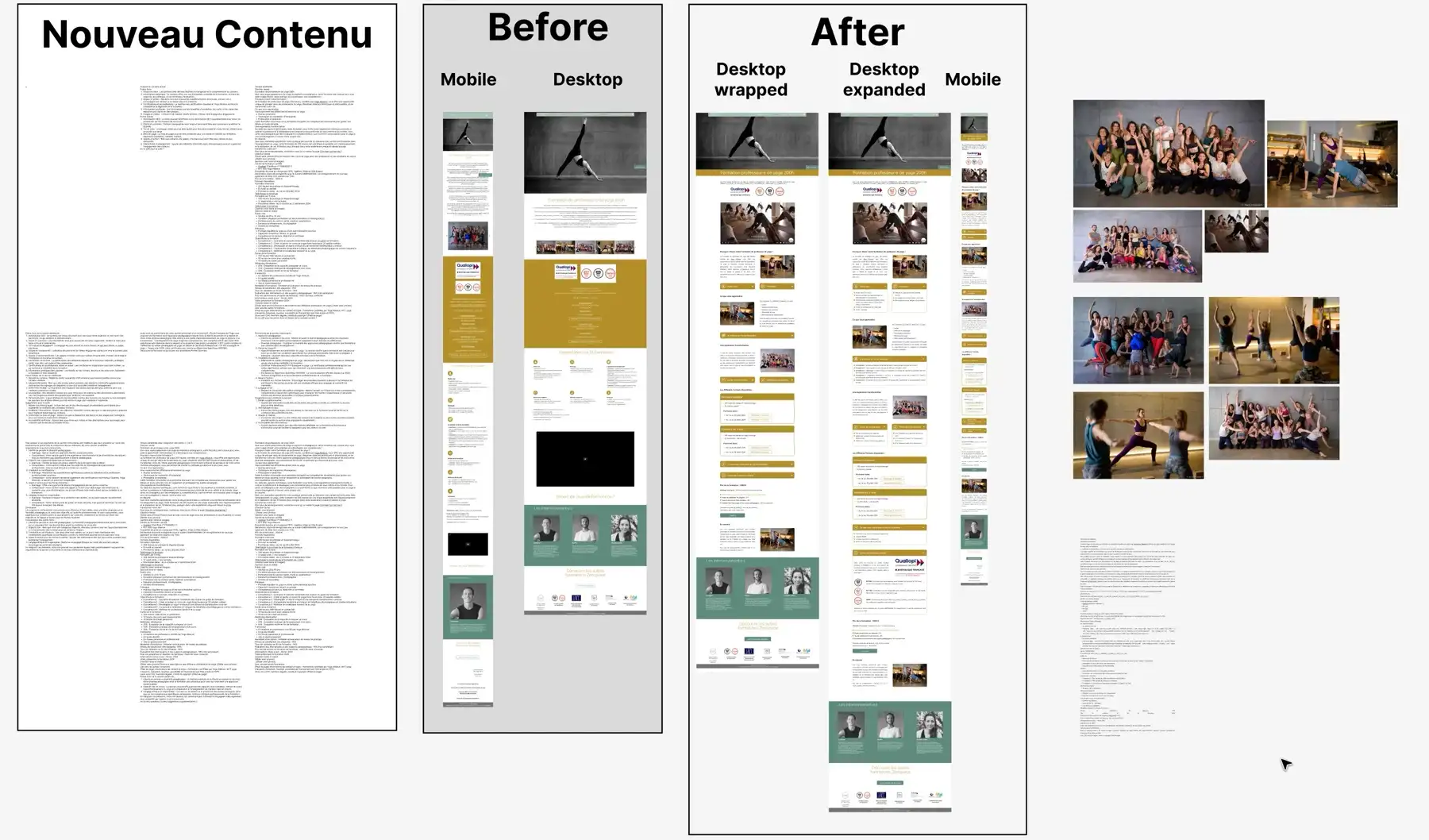 Comparaison avant et après de la page de formation ZenSpace Yoga.